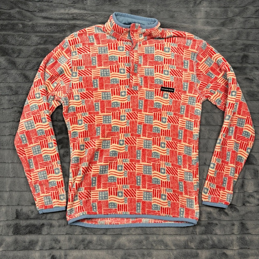 Southern Marsh Mens Fleece Quarter Zip Pullover American Flag Print Red Blue S